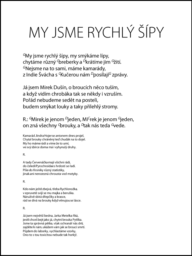 stránka zpěvníku s Rychlými šípy